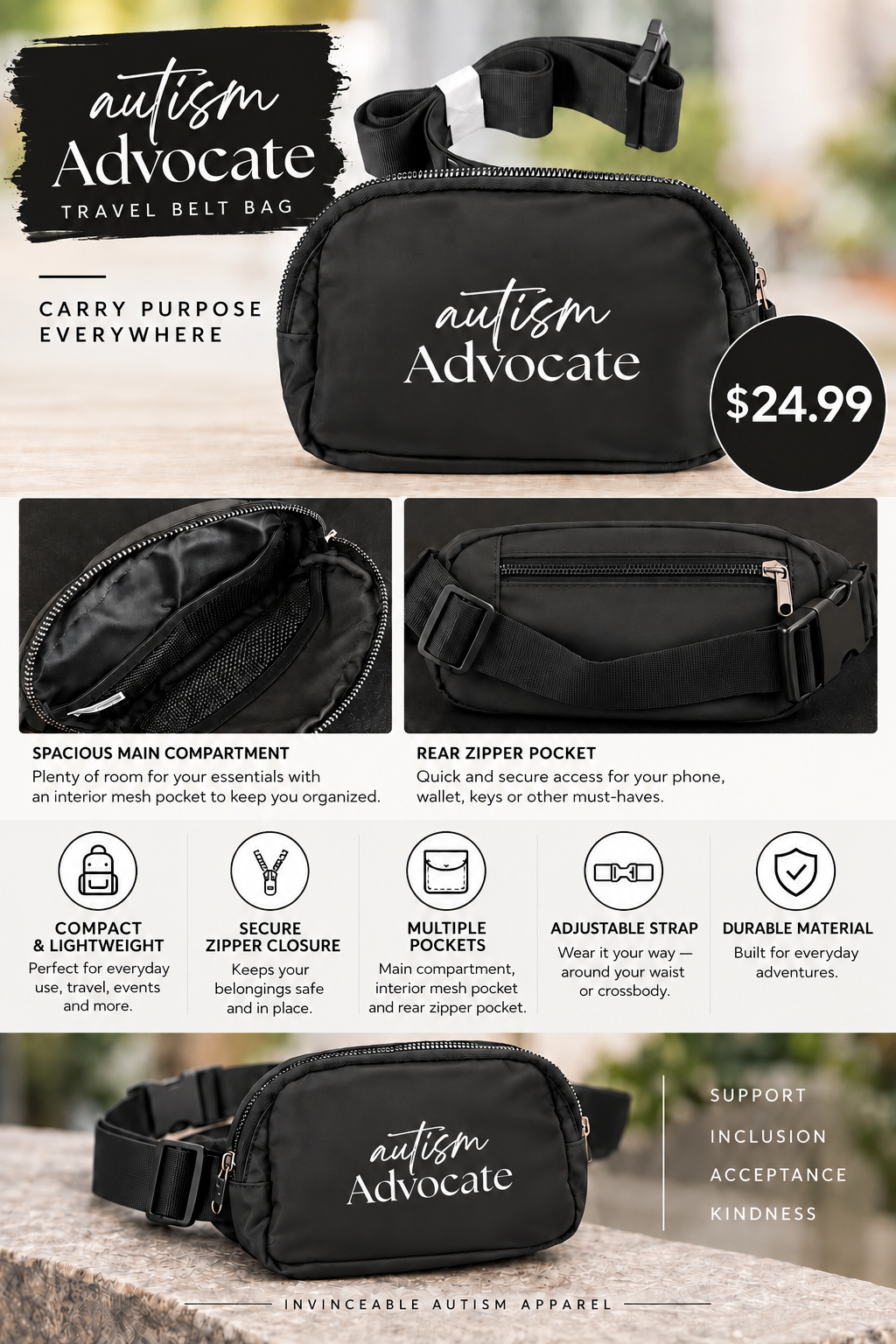 INVINCEABLE Autism Advocate Travel Belt Bag
